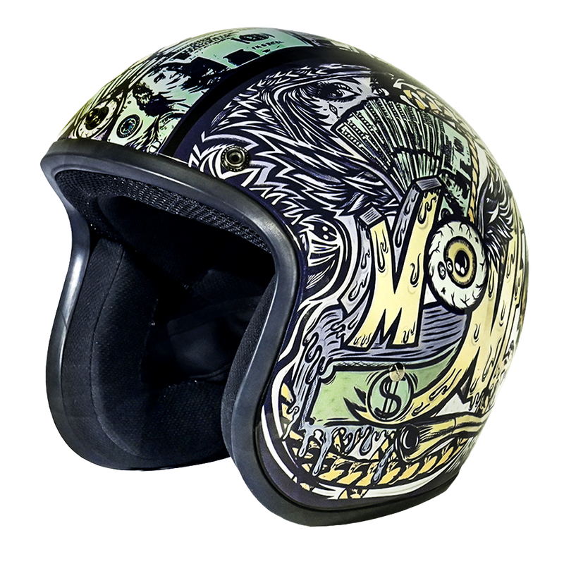 DOT Approved Daytona Cruiser Open Face Motorcycle Helmet - Men, Women & Youth - With Visor & Graphics - W/ Money