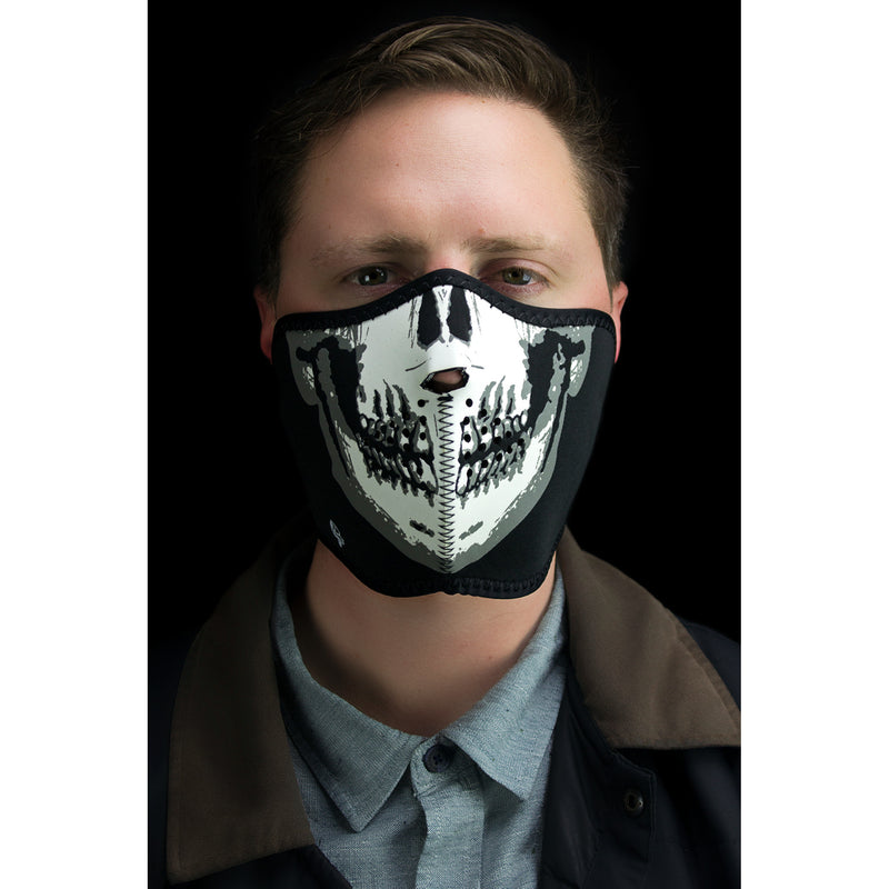 ZAN HEADGEAR 2503-0082 WNFM002HG Neoprene Half Mask — Glow-in-the-Dark Half Mask - Skull Face Glow In The Dark