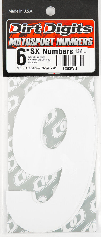 Dirt Digits 09-6509 SX63W-9 #9 6" WHITE SUPER X DIGITS 3/PK