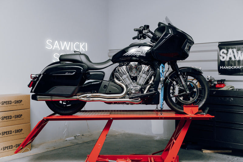Sawicki Indian Challenger Full Length Brushed SS W Black END CAP For Indian Challenger 2022-2024