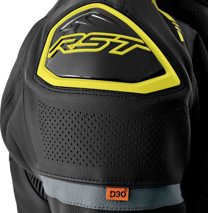 Rst 556-3605244 103605F.YEL-44 S1 D3O LEATHER JACKET BLK/GRY/FLO YEL LG