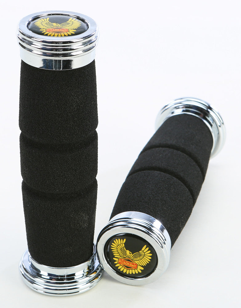 Emgo 59-87018 42-40600 ROADHAWK GRIPS BLACK W/CHROME END CAP 7/8"X5.5"