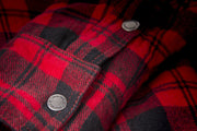 Detail shot of buttons on the Marksman Flannel in red and black 
