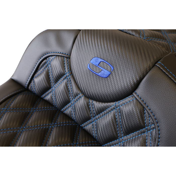 SADDLEMEN 0801-1044 808-07B-184BRHC Extended Reach Road Sofa Seat -*CARBON FIBER CENTER* - CUSTOM BLUE Lattice Stitched - Backrest - Heated