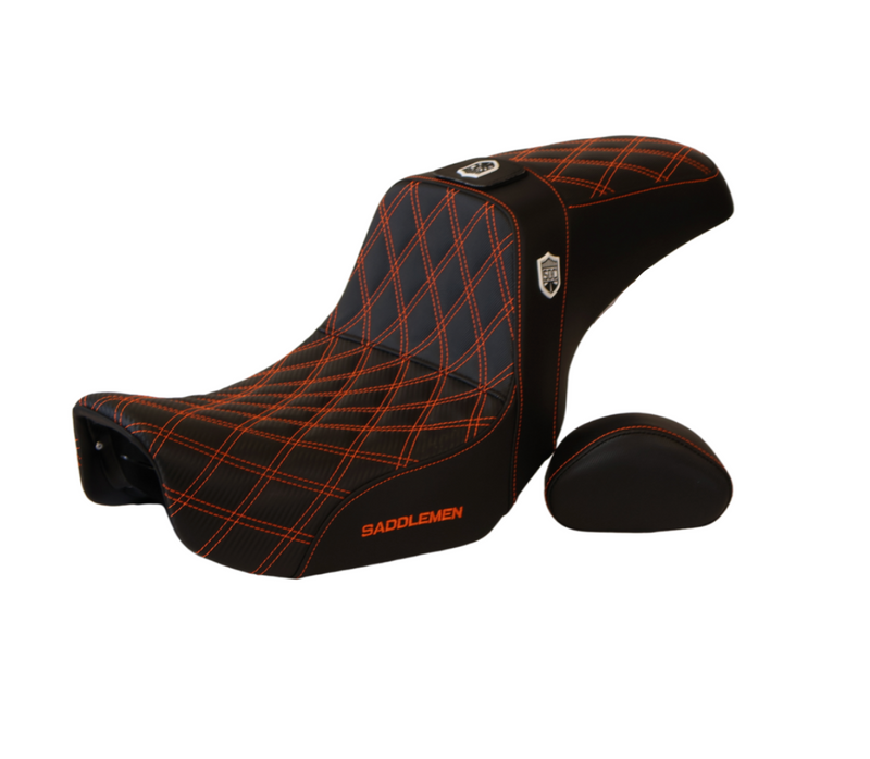 ORANGE STITCH SADDLEMEN 0803-0630 SC80604DBKRT Pro Series SDC Performance Seat w/ Backrest - Full Lattice Stitch/Lumbar Gripper