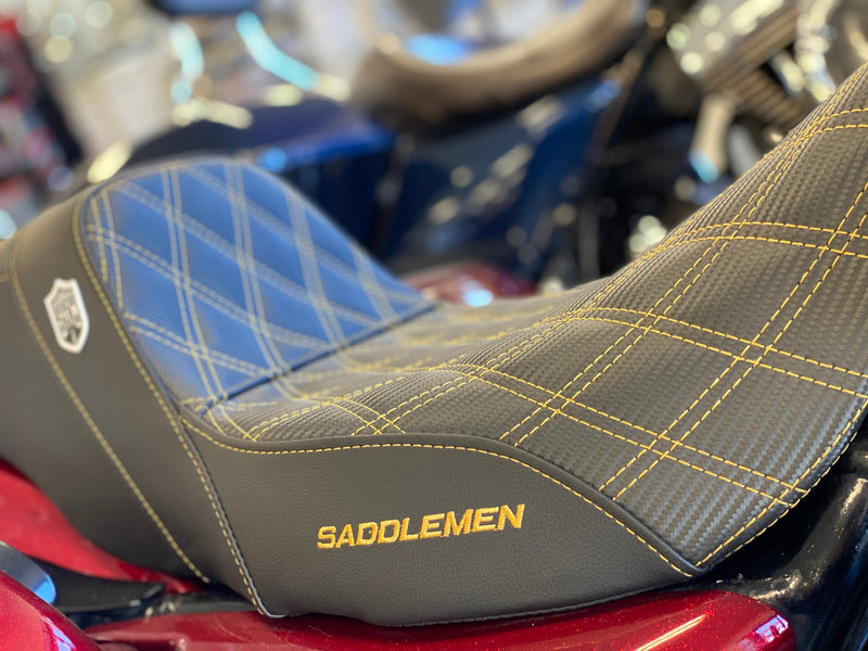 (OPEN BOX) Saddlemen Gold Stitch 0801-1174 Pro Series SDC Performance Grip Seat W O Backrest Full Lattice - SC80807DB For Harley Touring 2008-2024