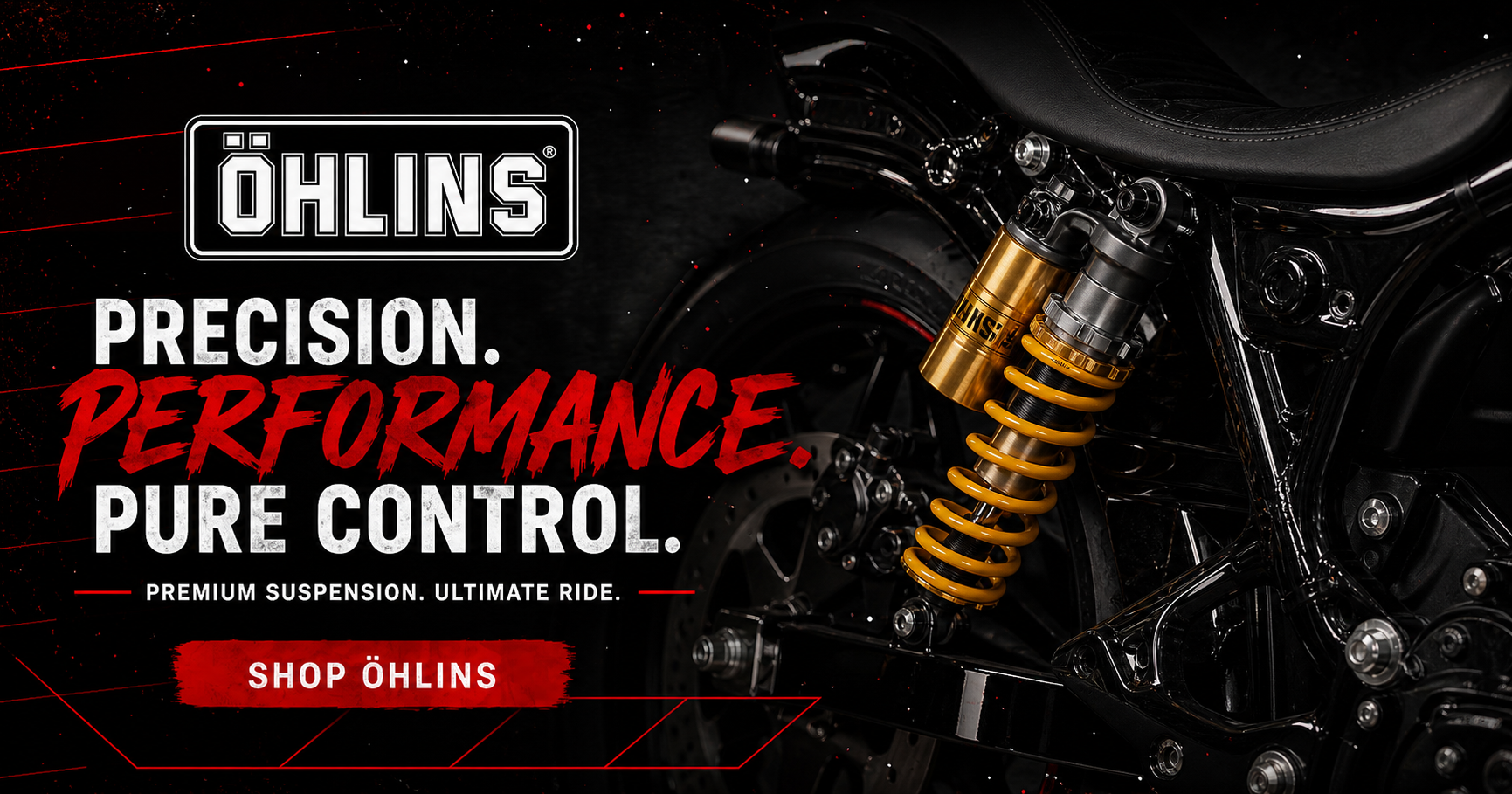 Öhlins gold rear shock on a black performance motorcycle