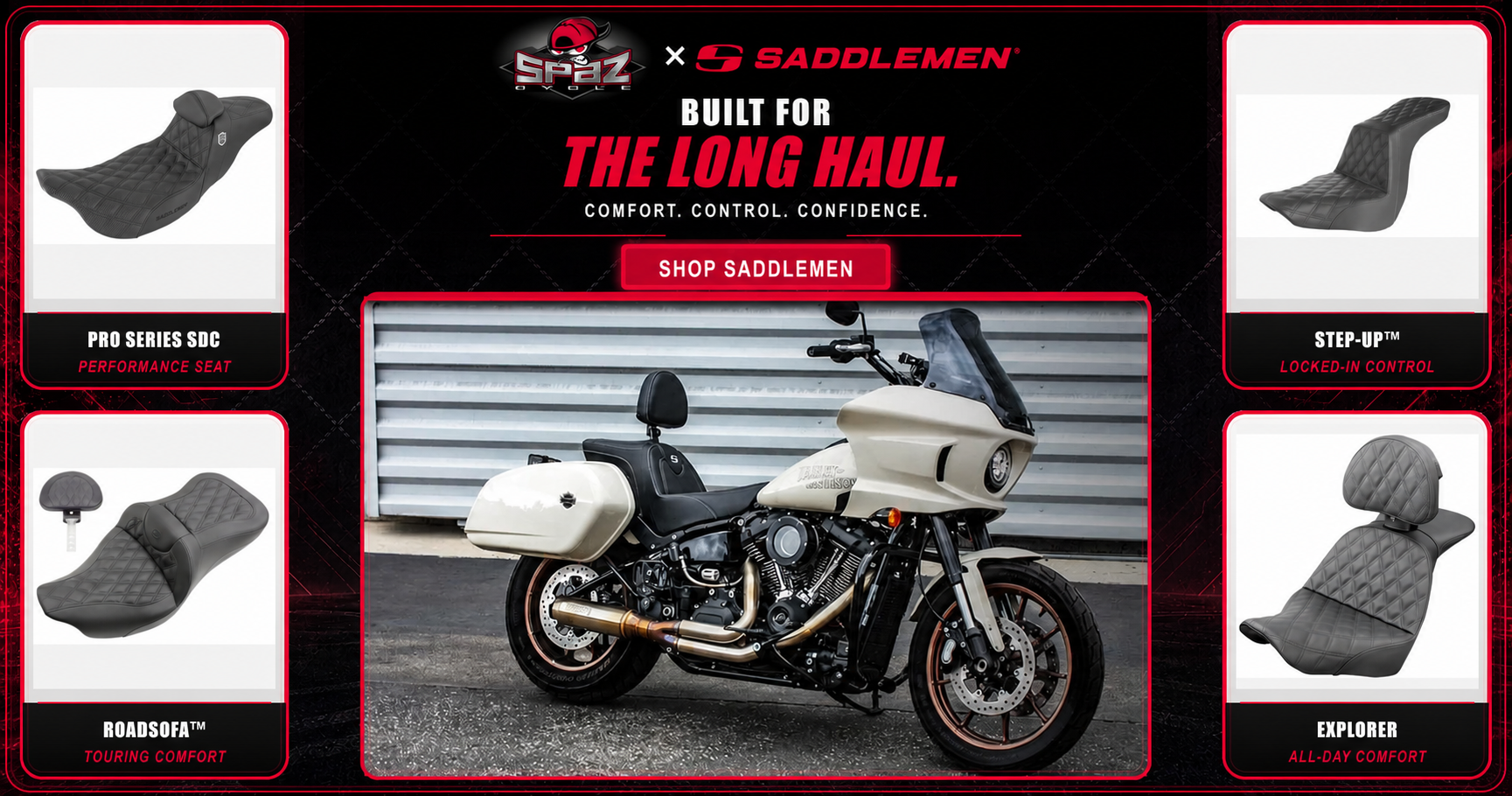 Spaz Cycle x Saddlemen seat collection featuring Pro Series SDC, Roadsofa, Step-Up, and Explorer seats